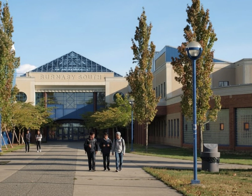 Students walking in front of Burnaby South Secondary School; reliable roof, window, and exterior cleaning services.