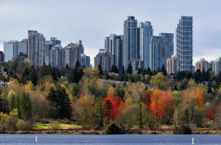 North Burnaby skyline behind colorful autumn trees near Burnaby Lake; professional soft wash and roof cleaning specialists.