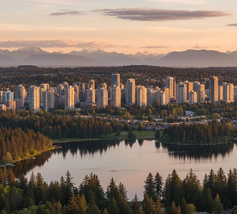 Aerial view of Burnaby skyline at sunset with Deer Lake and mountains; trusted exterior, window, roof, and gutter cleaning experts.