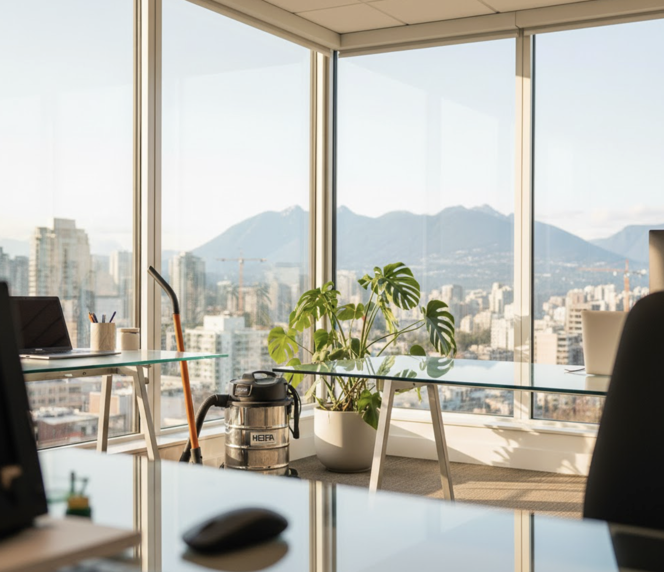rofessional commercial office cleaning scene in modern Vancouver office building, bright natural light streaming through large clean windows showing Vancouver skyline and mountains in background, professional cleaner in branded uniform using microfiber clo