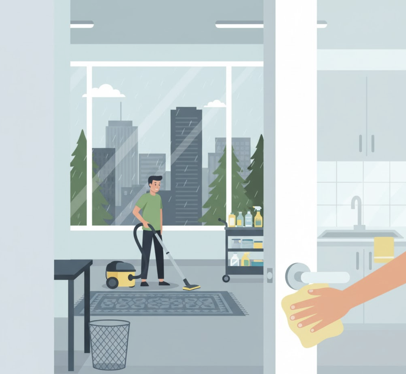 A bright, clean, modern office environment illustrating various daily cleaning tasks. Show a cleaning cart or supplies in the background, with subtle visual cues of an empty trash can, a sparkling clean sink, a hand wiping a door handle, and a vacuum cleaner in action in a high-traffic area. The overall feeling should be efficient and hygienic. Incorporate a subtle Vancouver element, perhaps a window showing a rainy cityscape, to hint at the climate's influence on daily cleaning.
