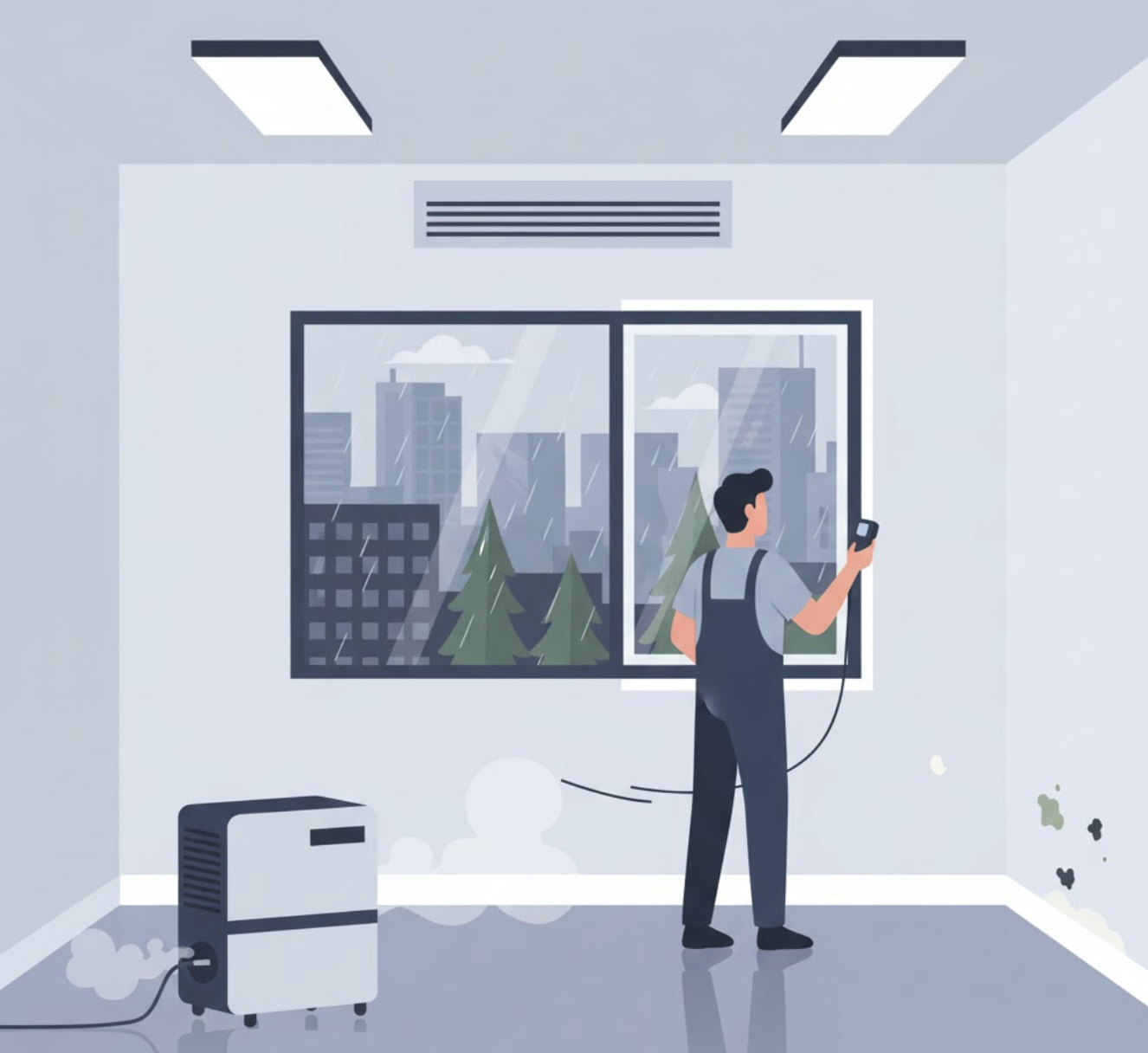 Illustration of a commercial building interior depicting mold prevention: a dehumidifier, an HVAC vent, and a person inspecting for moisture. Show subtle mold in an unmanaged corner contrasting with clean areas. Hint at a wet Vancouver exterior.