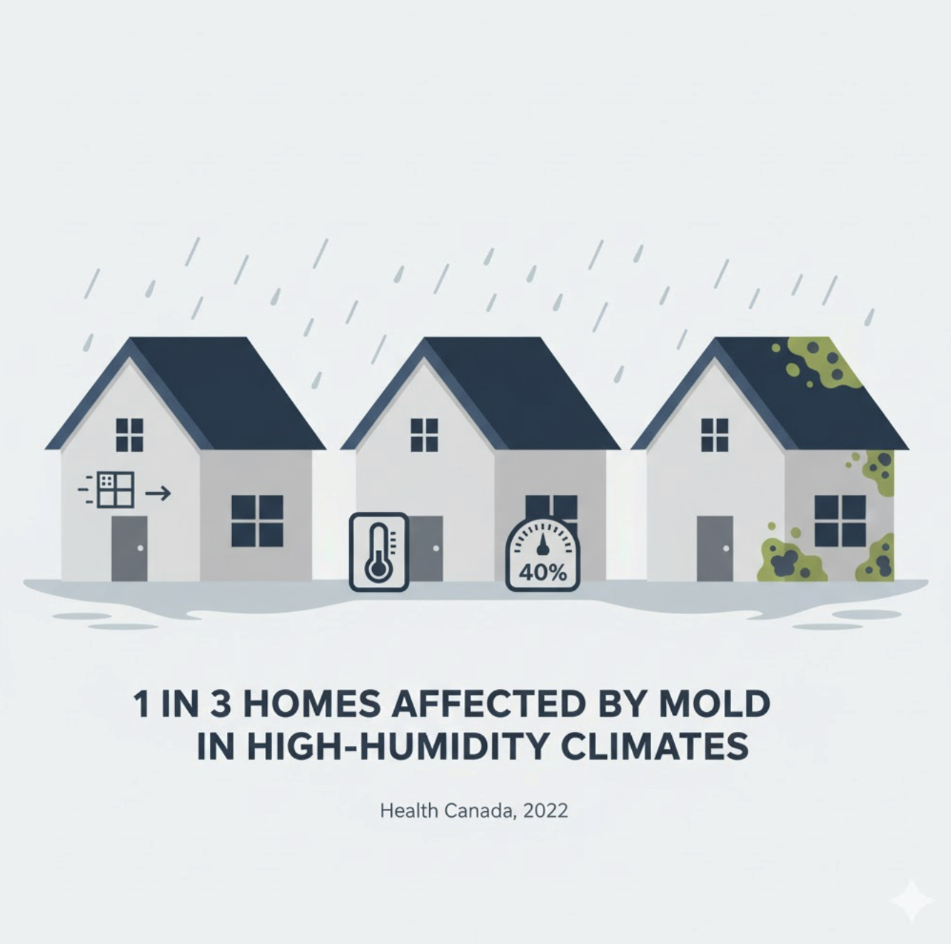 An infographic-style illustration showing three distinct house icons or simplified home facades. Two of the houses should appear clean and well-maintained, perhaps with symbols of good ventilation or a healthy environment. The third house should have subtle, stylized green mold spots or spores appearing on its exterior or roof, clearly indicating it's the one affected. The overall design should be clean, clear, and easy to understand, visually representing the "one in three homes" statistic for mold. A subtle background hint of a high-humidity environment (e.g., distant rain clouds or dampness) can be included.