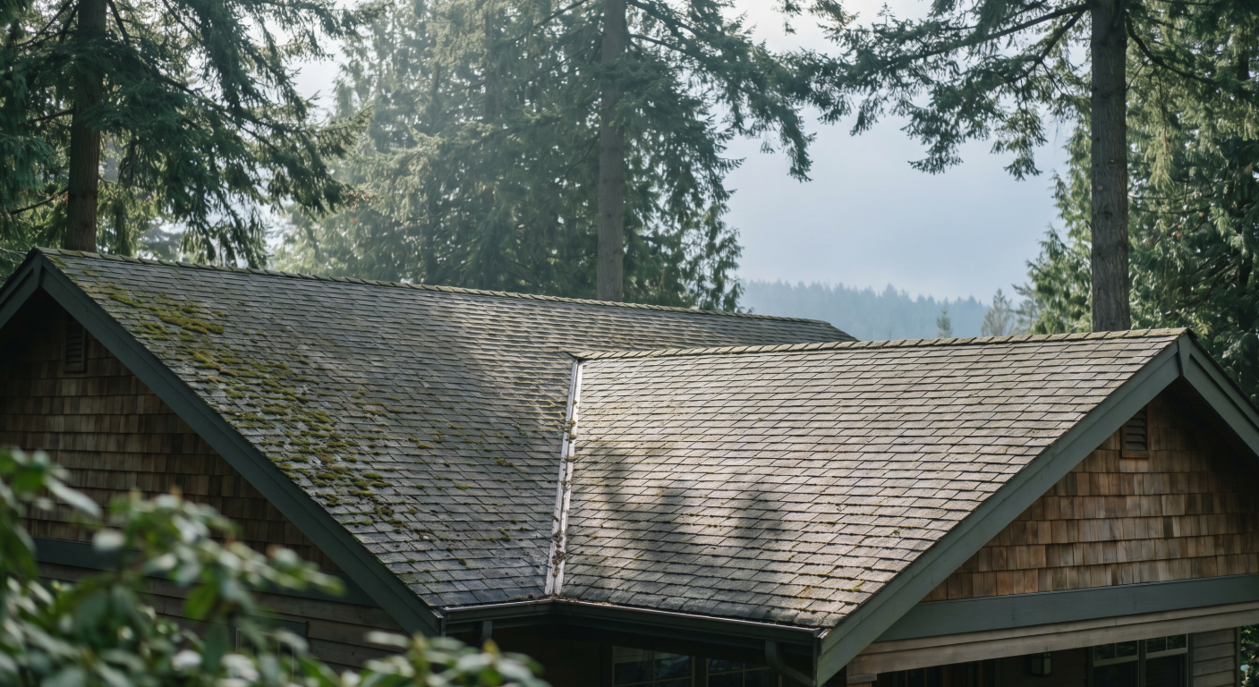 How to prevent moss on a roof in Vancouver: shaded asphalt shingles showing early moss growth under tree canopy
