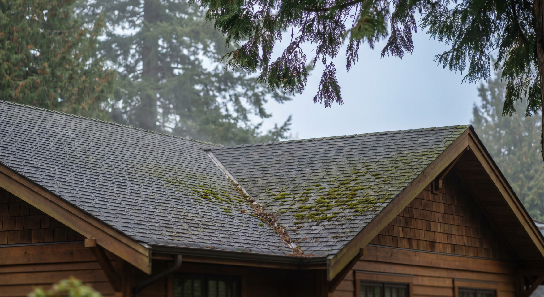Vancouver roof with moss growth under tree shadow, illustrating roof moss prevention conditions