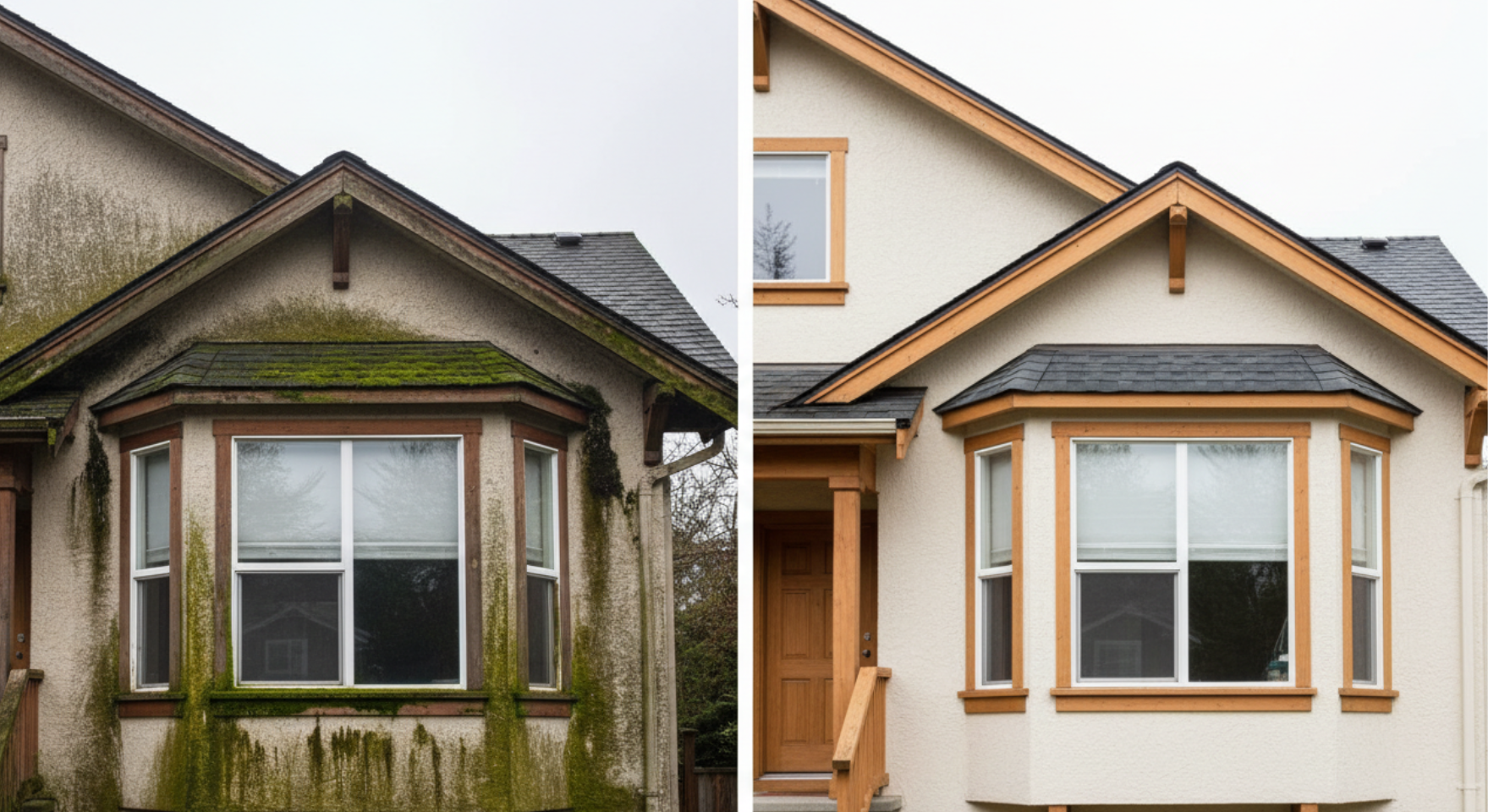 Before and after professional facade cleaning on a Vancouver home showing moss and streak removal