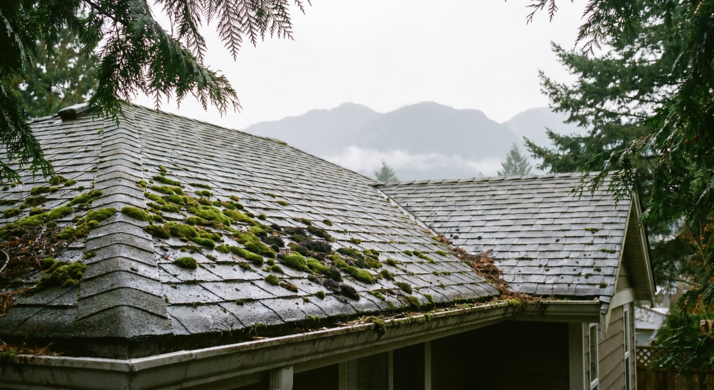 Moss growing on the roof of a Vancouver home with North Shore mountains in the background