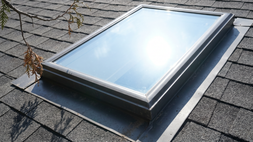 Close-up of a freshly cleaned residential skylight under direct sunlight, sunlight glinting off spotless glass — example of properly cleaned skylight on a Vancouver-area roof.