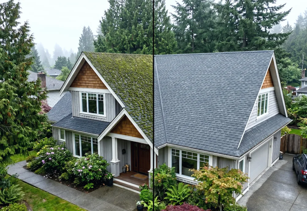 Before and after aerial view of a Vancouver home's roof, moss-covered on one side and professionally cleaned on the other