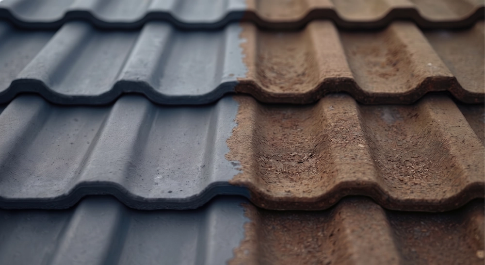 Close-up comparison of clean concrete roof tiles next to moss-stained, weathered tiles