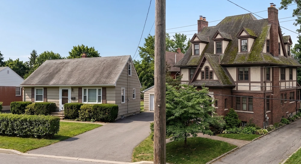 Side-by-side comparison of a small home and a large house with a heavily moss-covered roof