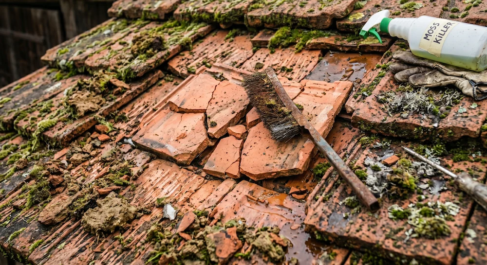 Moss removal tools, brush, and moss killer spray on a mossy clay tile roof