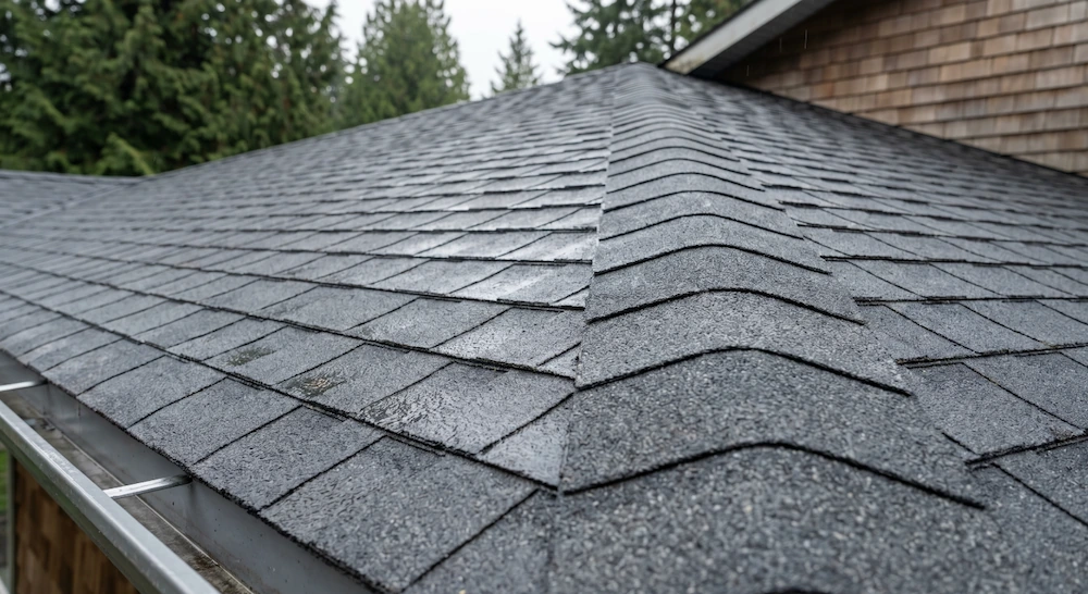 Freshly cleaned asphalt shingle roof in Vancouver, BC with all moss and debris removed