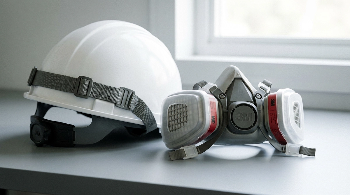 Hard hat and respirator representing personal protective equipment required under the OHS Regulation