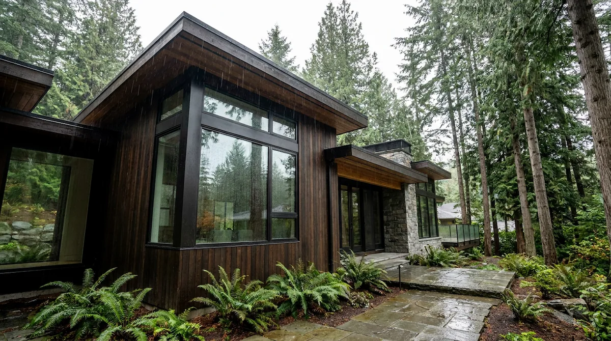 Rain-covered windows on a Vancouver home showing how often you should wash your windows in this climate