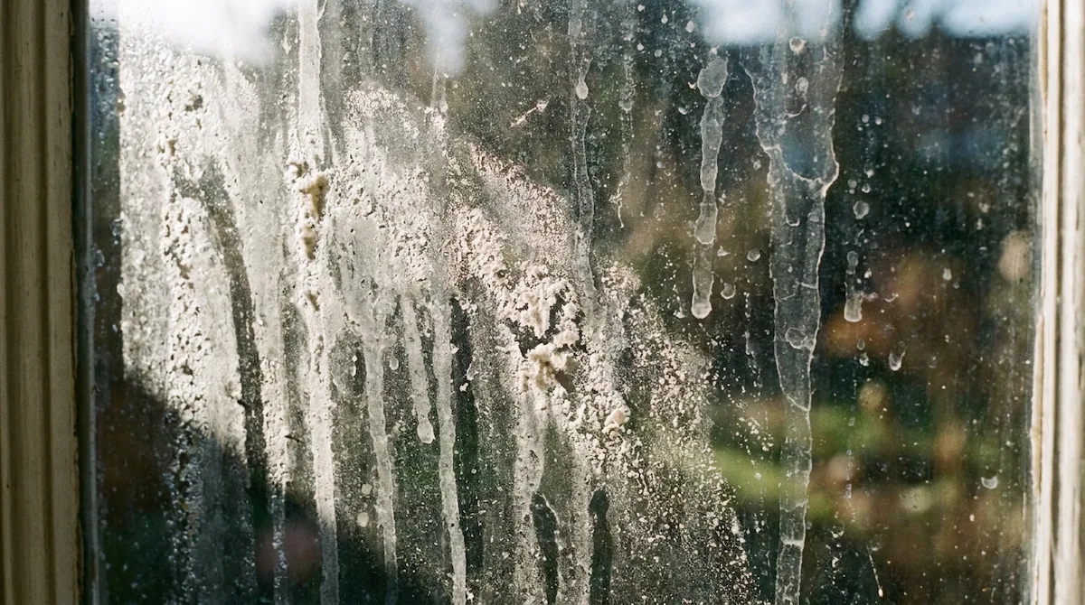 Dried rain deposits and watermarks left on exterior window glass