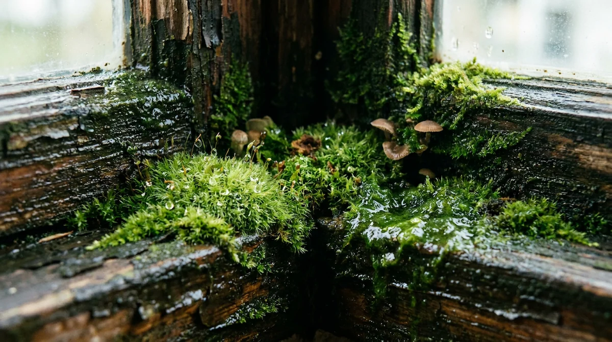Moss and algae growth in a shaded window frame corner on a North Shore property