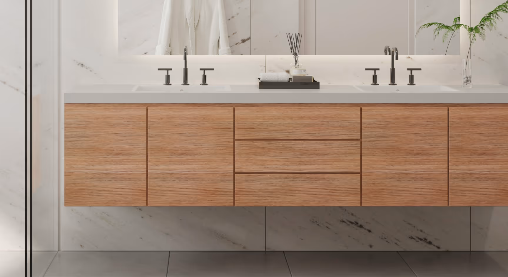 A bathroom vanity with luxurious cabinets