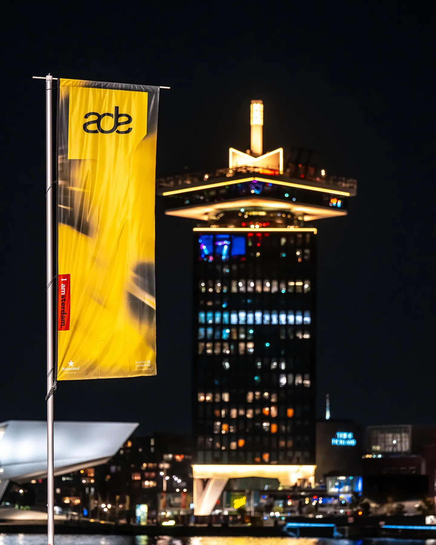 A'DAM tower in Amsterdam with ADE flag