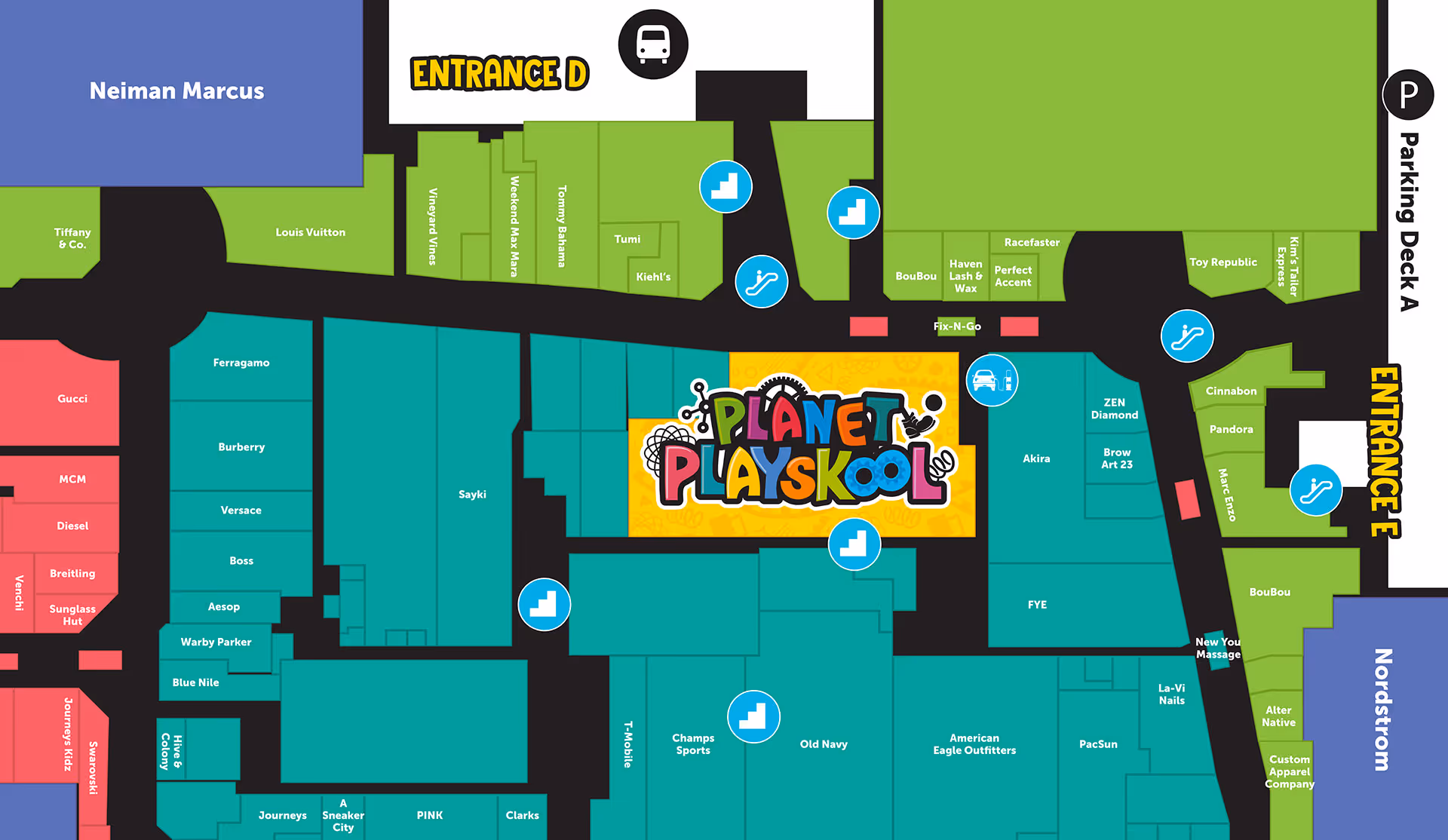 Floor map of Garden State Plaza, showing the location of Planet Playskool.