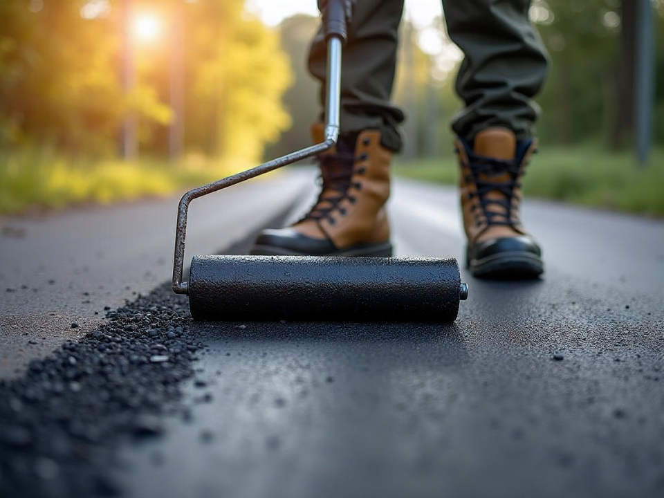 Low Angle Roller laying sealant on driveway.