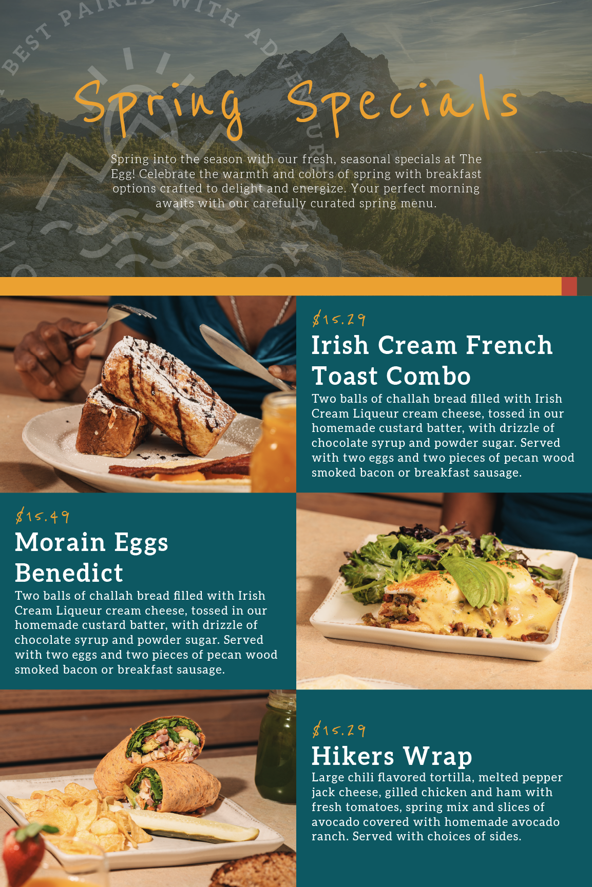 An example of a basic menu design for the spring specials from the Egg of Estes in Estes Park, Colorado.
