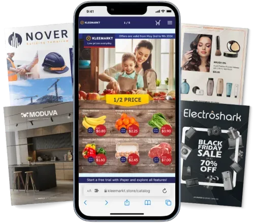 A mobile phone displaying an interactive digital catalog, surrounded by brochures from various industries