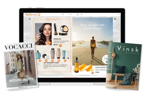 A laptop displaying an interactive digital catalog for beauty products, with additional brochures for fashion and furniture on each side of the laptop