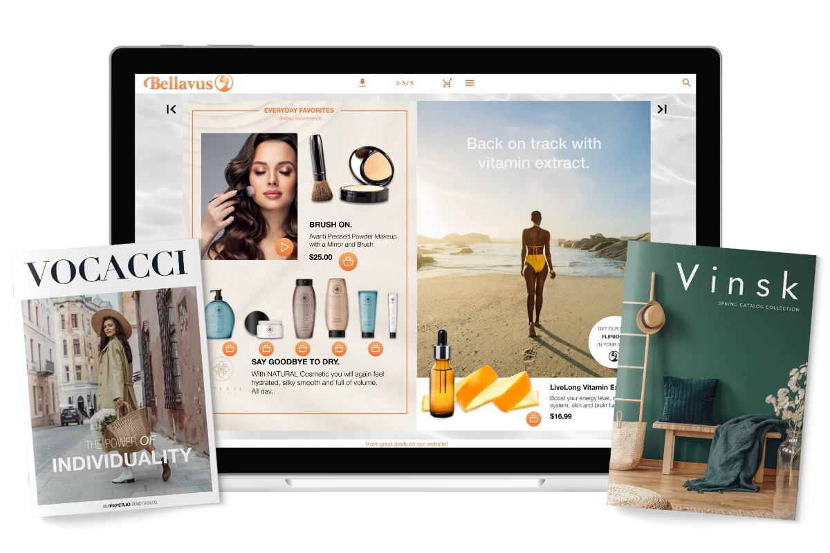 A laptop displaying an interactive digital catalog for beauty products, with additional brochures for fashion and furniture on each side of the laptop
