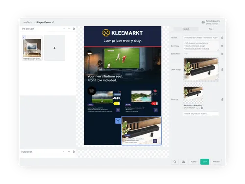 Horizon editor showing offers on the left and product details on the right