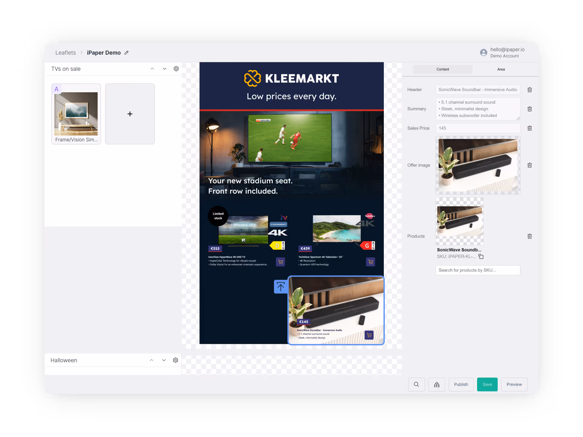 Horizon editor showing offers on the left and product details on the right