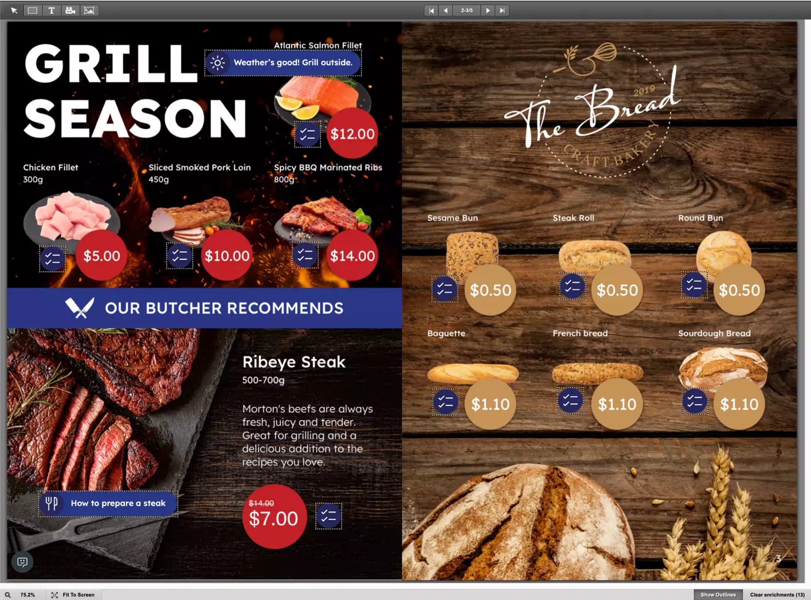 An open digital catalog showing meat and bread products with a headline saying "Grill season".