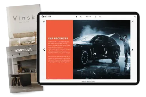A tablet displaying an interactive digital catalog for automotive products, with additional brochures for furniture and kitchen interior, both placed on the left of the tablet.
