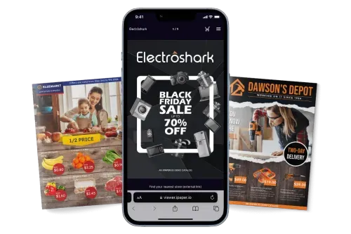 A mobile phone displaying an interactive digital leaflet for an electronics sale, with additional promotional brochures for groceries and DIY tools besides the mobile phone