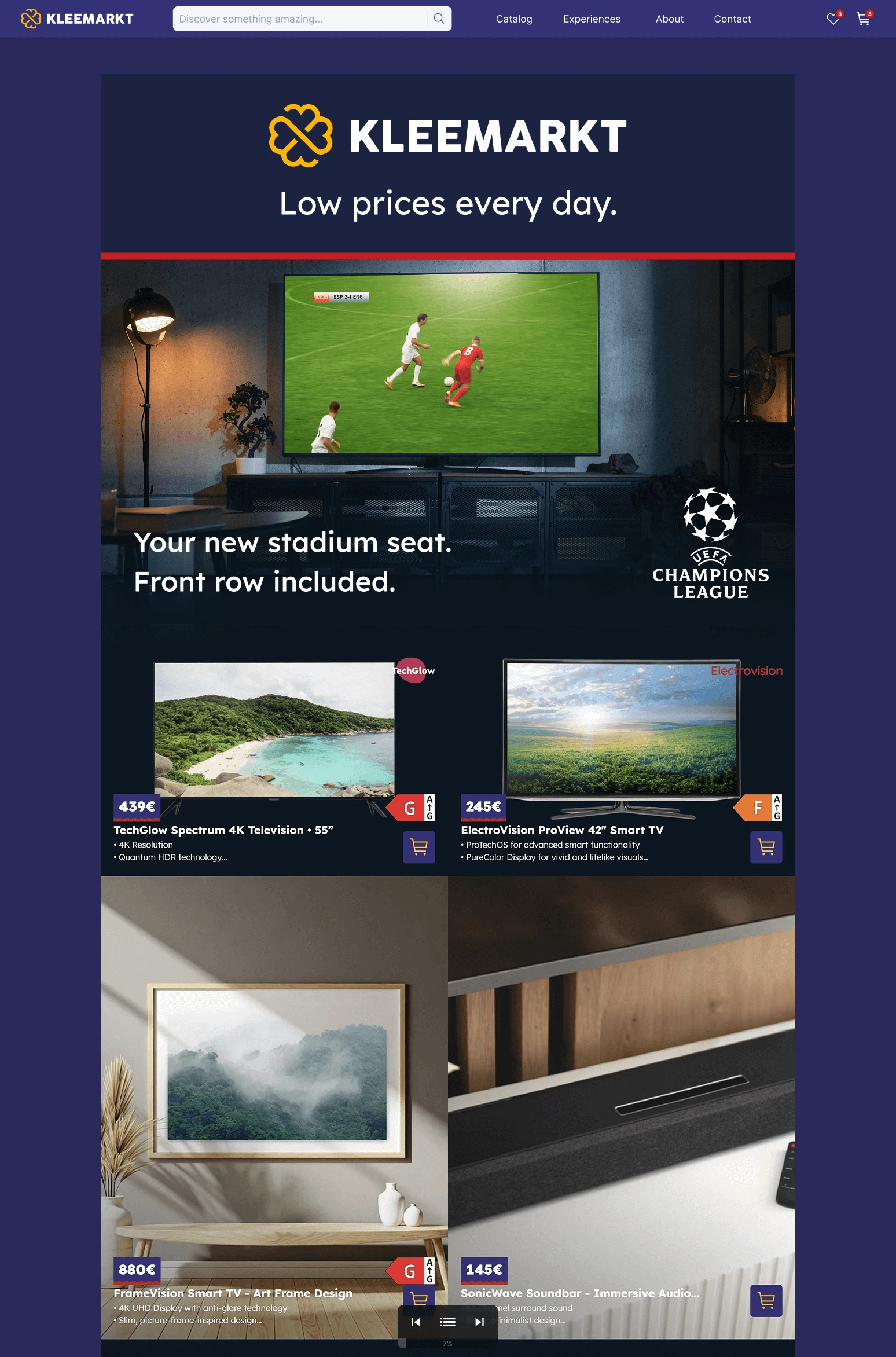 Horizon leaflet screen containing products and displaying vertically scrollable interface