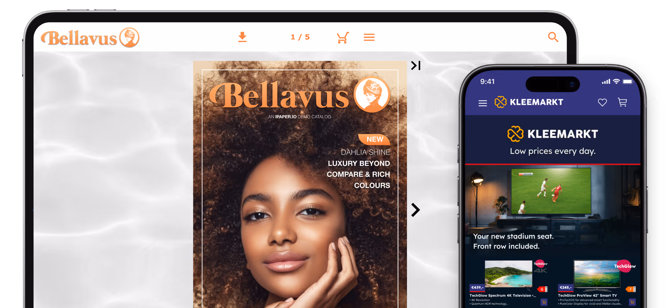 A tablet showing digital catalog for Beauty & Health created by using flipbook and a mobile device showing Supermarket leaflet created by using Horizon. 