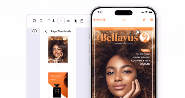 Interactive flipbook created from a PDF, shown with page thumbnails and a mobile preview, demonstrating how customers can browse and shop a digital catalog.