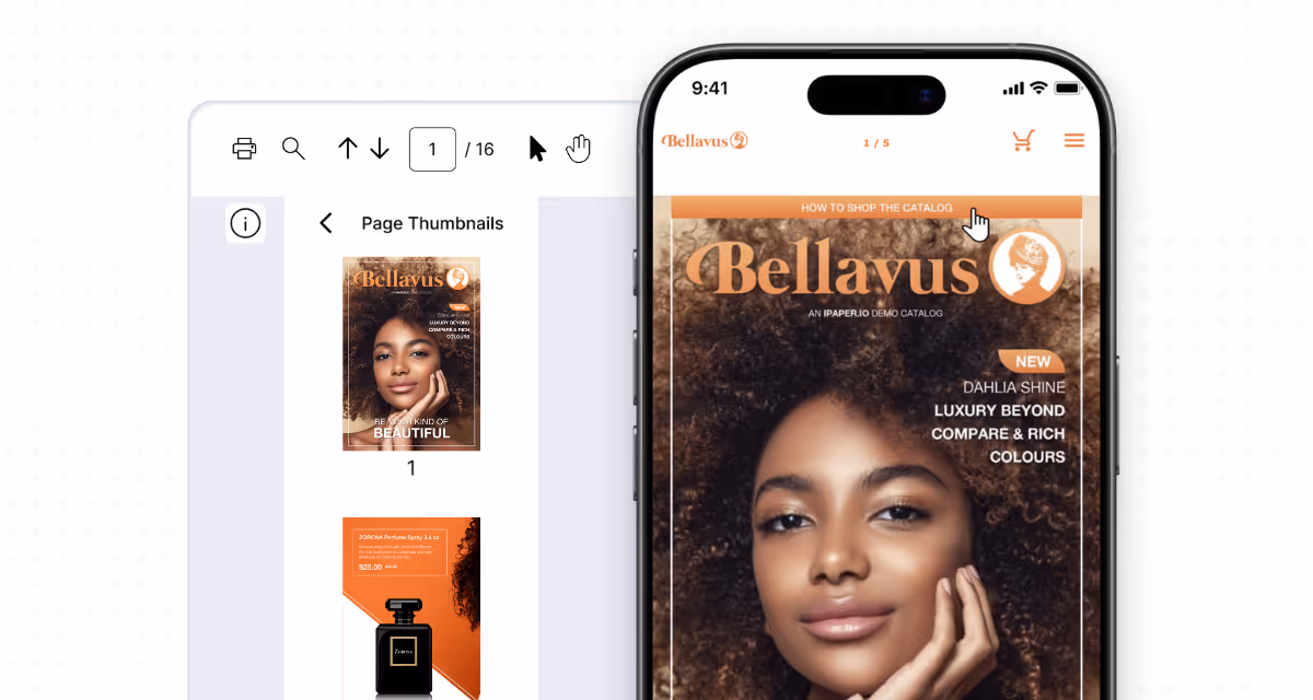 Interactive flipbook created from a PDF, shown with page thumbnails and a mobile preview, demonstrating how customers can browse and shop a digital catalog.