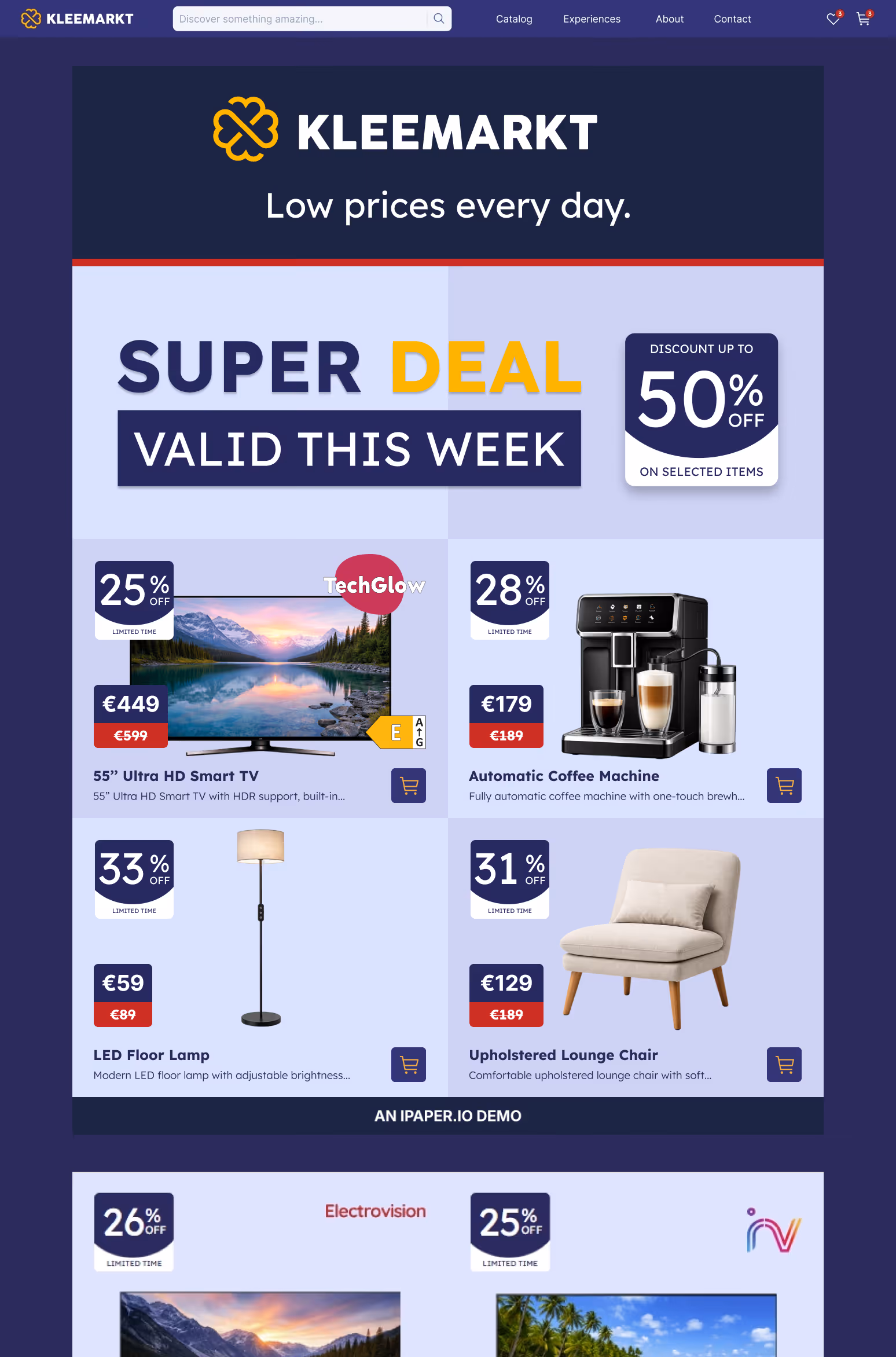 Horizon leaflet screen containing products and displaying vertically scrollable interface