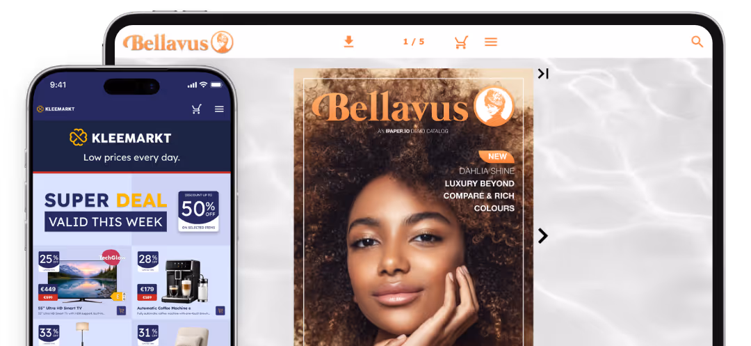 A mobile device showing retailer leaflet created by using Horizon and a tablet showing digital catalog for Beauty & Health created by using flipbook.