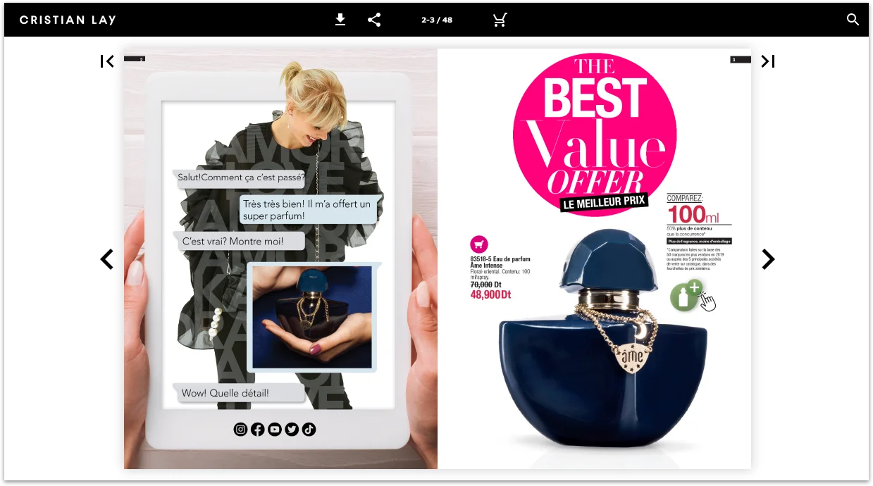 A picture of a tablet showing a spread of a digital catalog. A man and a woman are standing and starring. On the left, a bag, a watch and jewellery are shown.