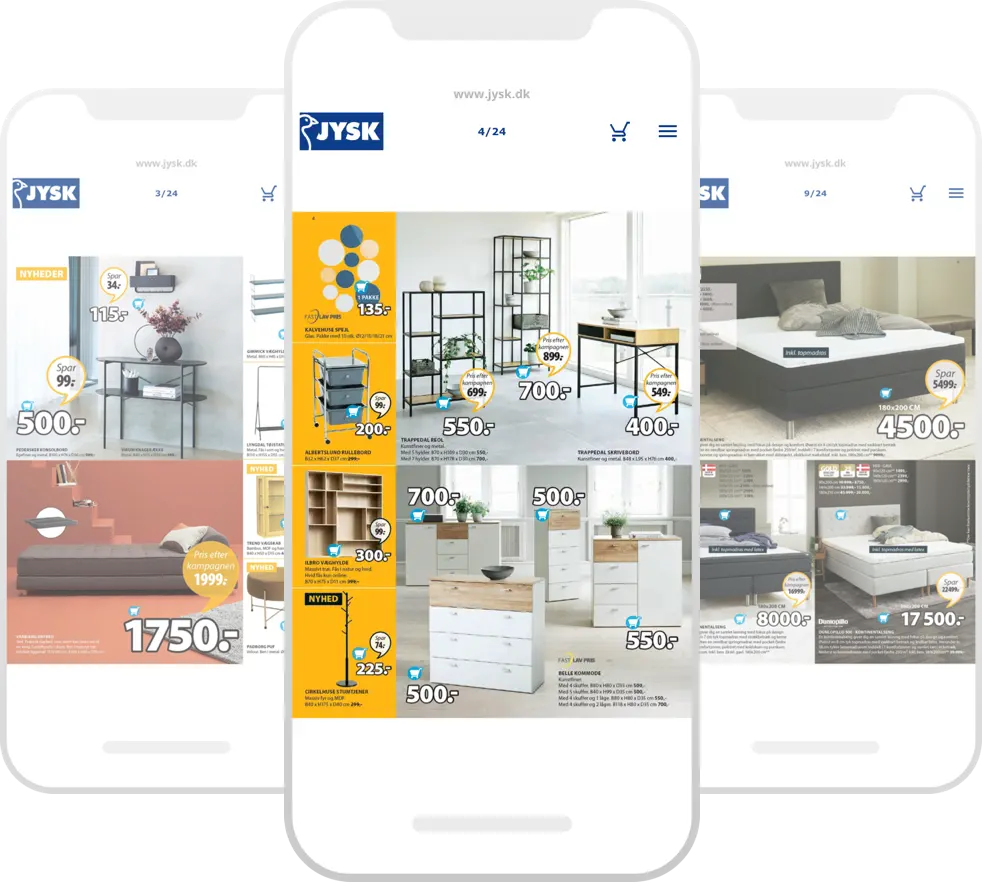 A mobile showing a digital catalog on top of another digital catalog seen on desktop view