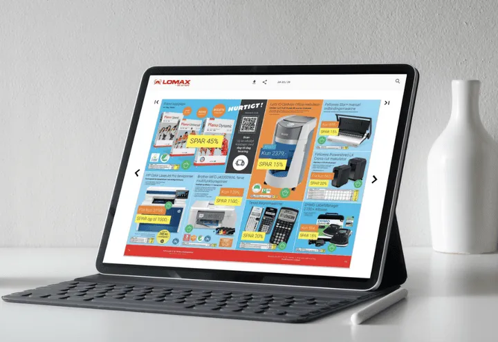 El catálogo digital de Lomax en un móvil y portátil. A la derecha, se destacan cuatro características clave del uso de catálogos digitales.