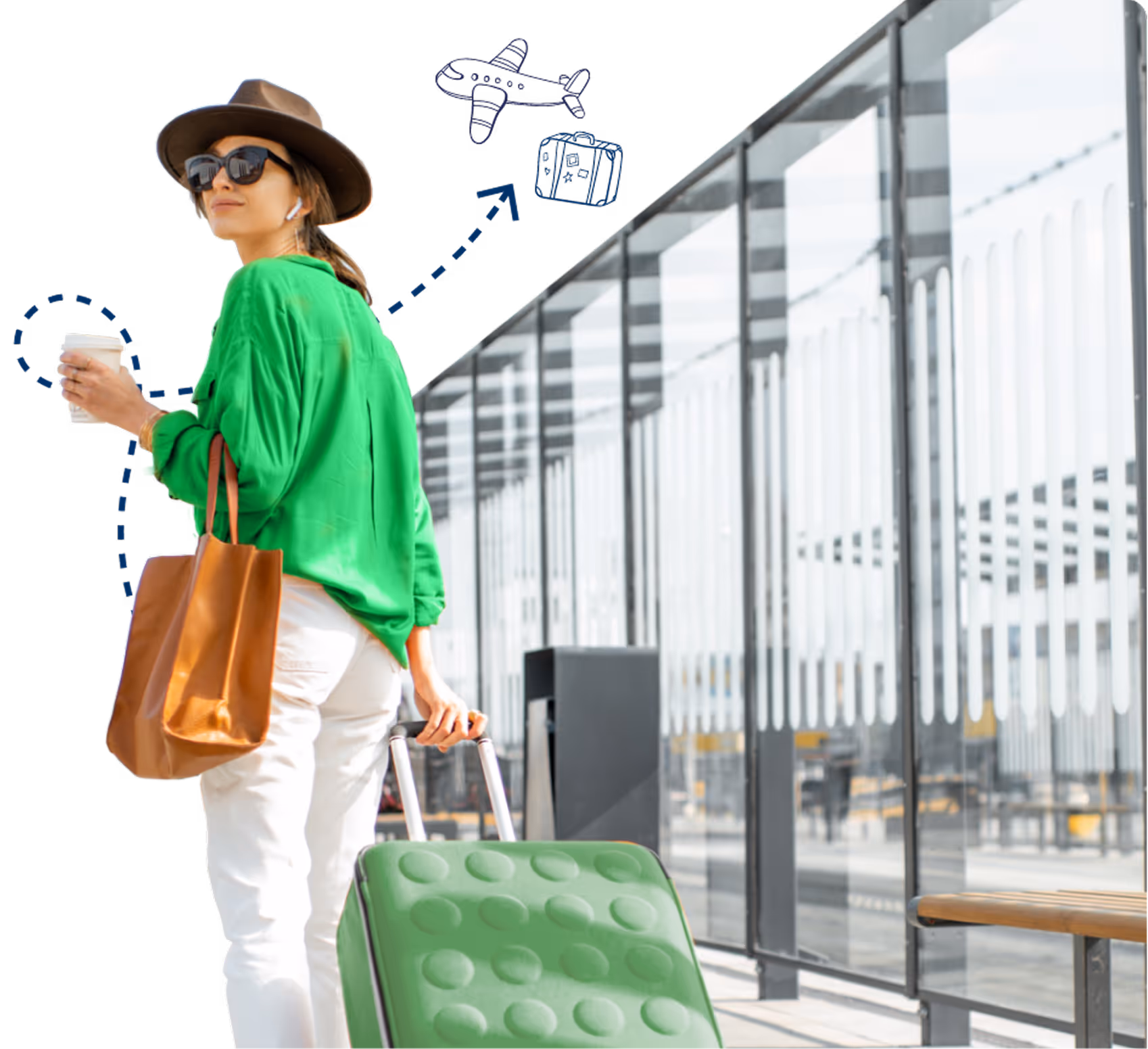 A traveler in a green shirt and brown hat walks through an airport terminal, carrying a coffee and a tote bag, with a green suitcase and travel-themed illustrations of an airplane and suitcase in the background.