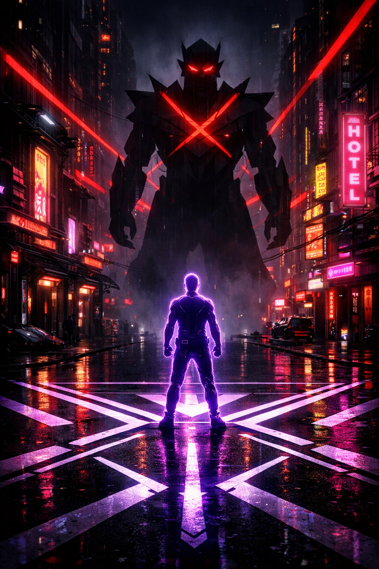 Crypto protagonist facing villain at crossroads in blockchain city