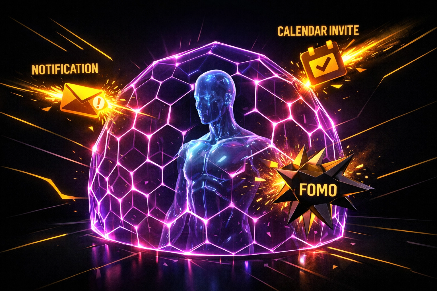 Shield protecting against FOMO triggers and calendar overload at ETHDenver crypto conference