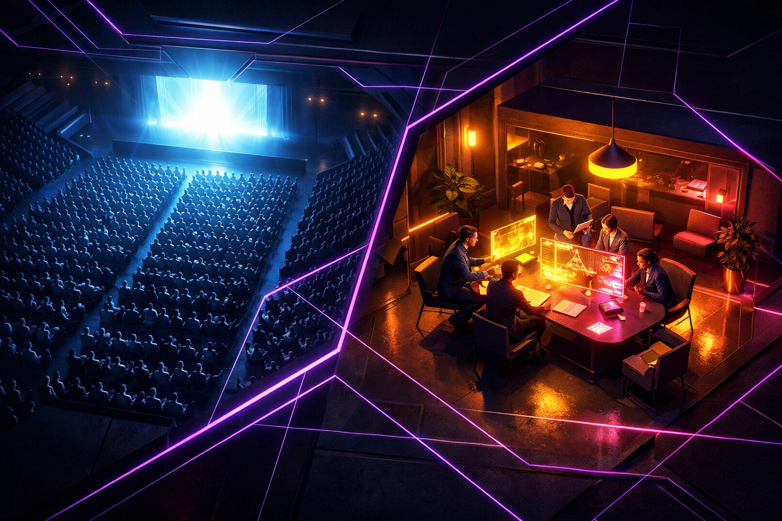 Contrast between crowded ETHDenver conference panels and intimate co-working collaboration spaces