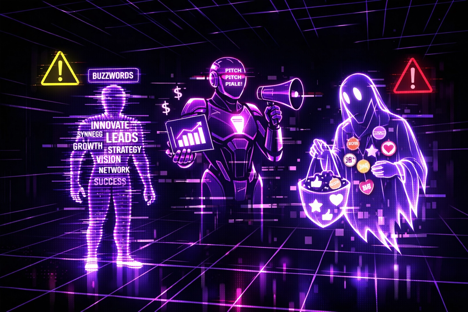 Warning symbols representing crypto networking archetypes to avoid at ETHDenver conference