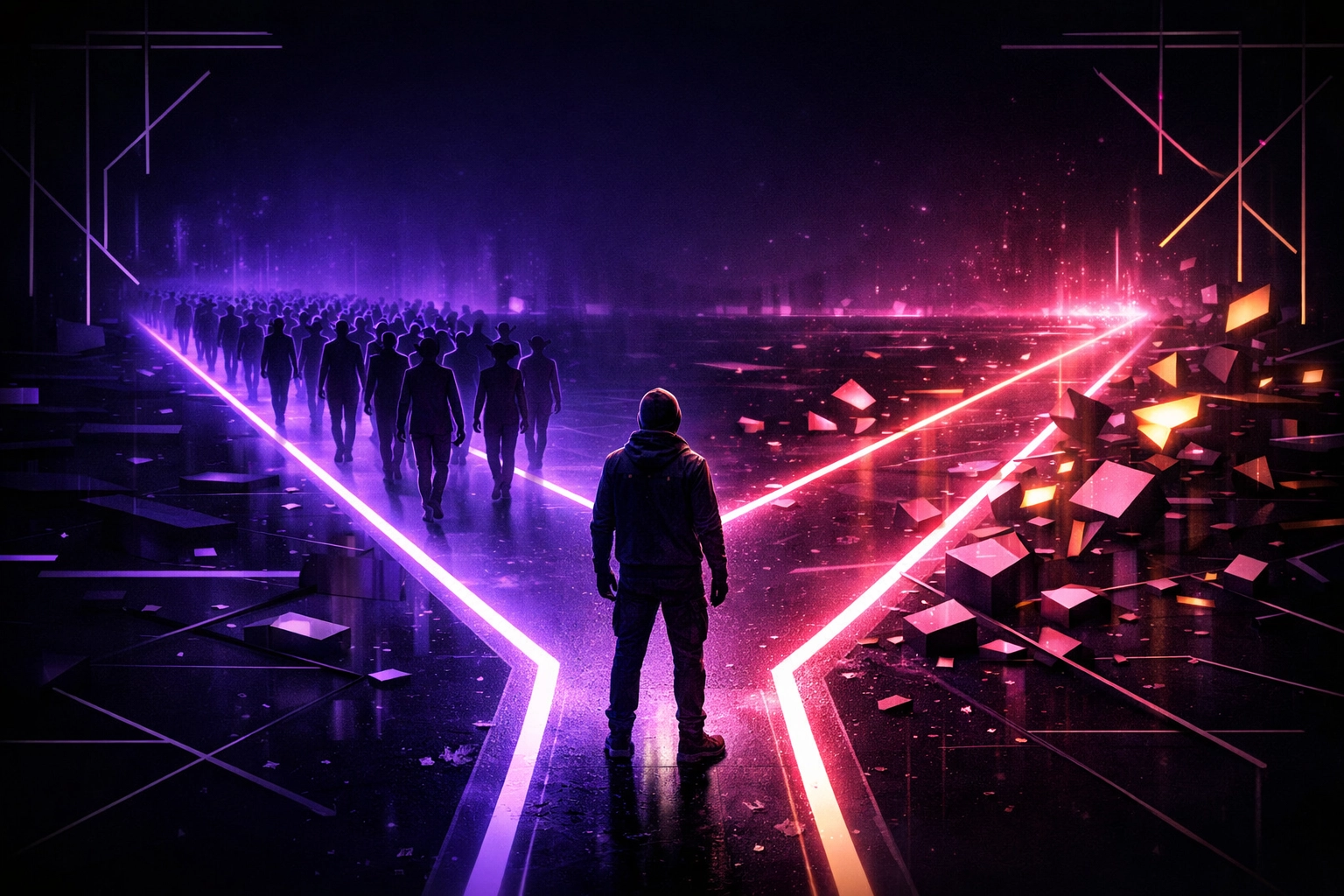 Figure choosing between crowded traditional networking path and rebellious independent path at ETHDenver