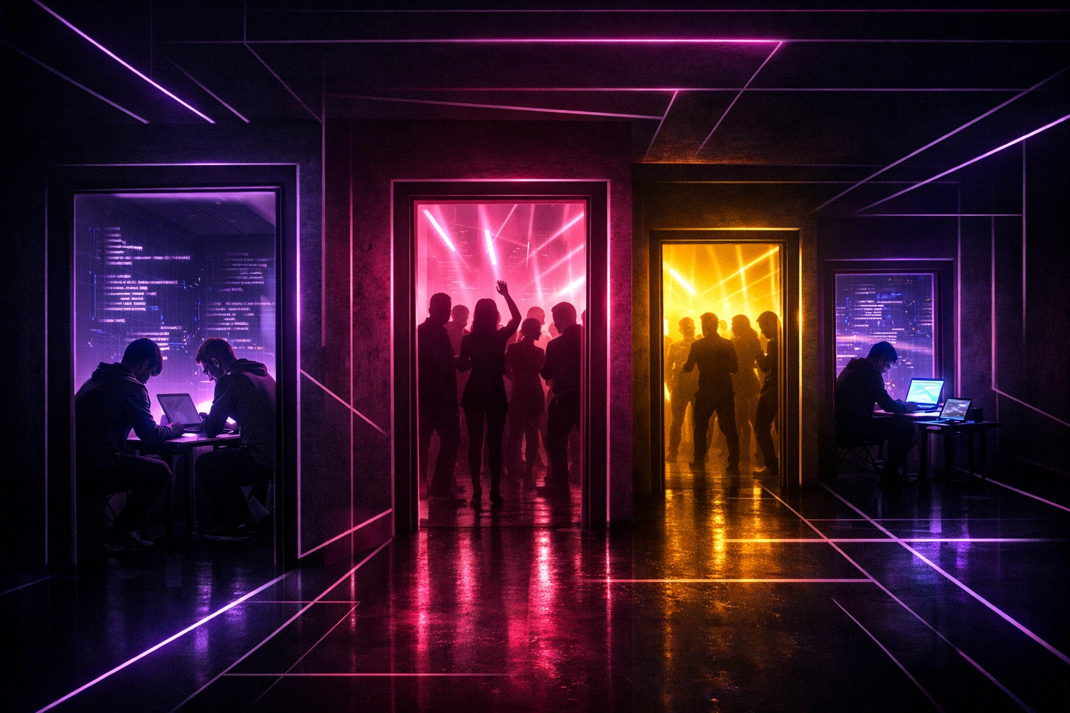 Multiple doorways showing contrast between crowded parties and intimate builder spaces at ETHDenver